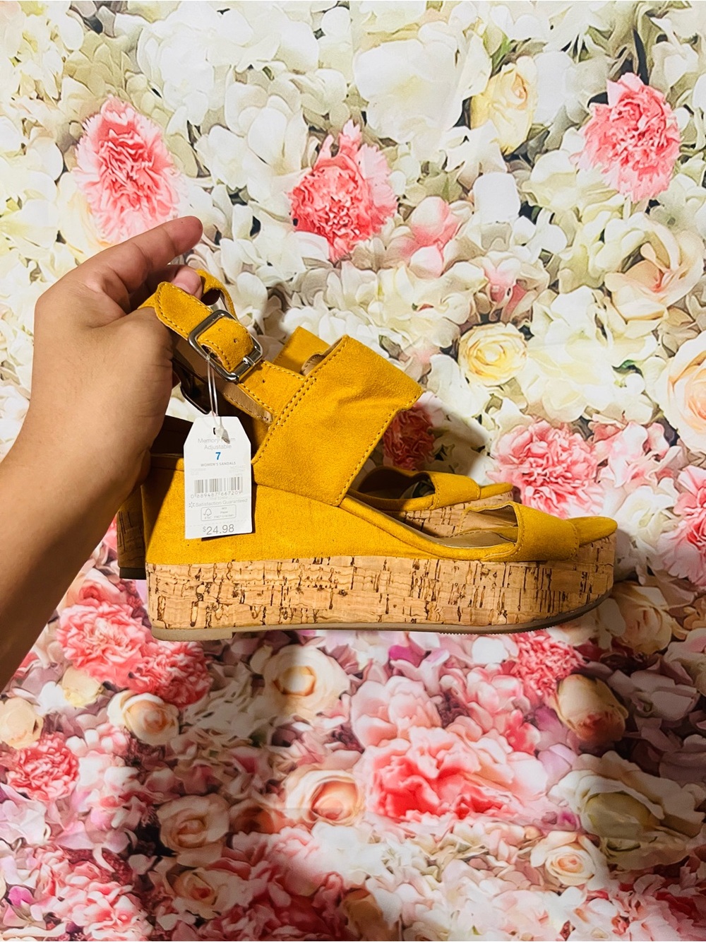 Time and Tru Mustard Yellow Cork Wedge Sandals